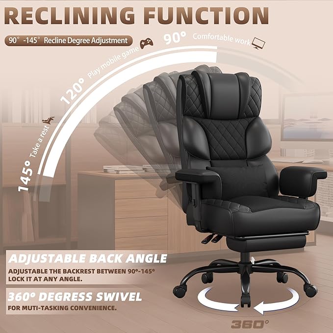 Vonesse Big and Tall Office Chair, Computer Chair with Soft Adjustable Armrests, Ergonomic High Back Gaming Chair with Lumbar Support, Executive Chairs with Footrest (PU Leather + Mesh Fabric,Black)