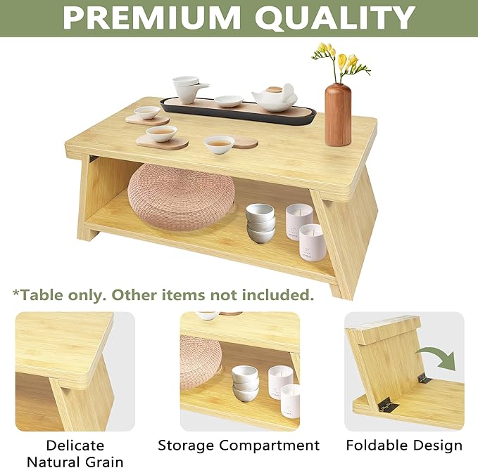 koretech Floor Table, Altar Table Paulownia Folding Design, Low Meditation Table for Sitting on The Floor Japaness Table Tatami Table (Bamboo Color)