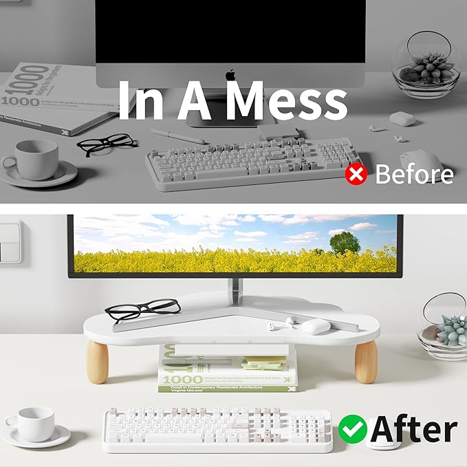 AFOOYO Cloud-Shaped Sturdy Wood Computer Monitor Stand Riser With Drawer, Multi-Purpose Desktop Organizer
