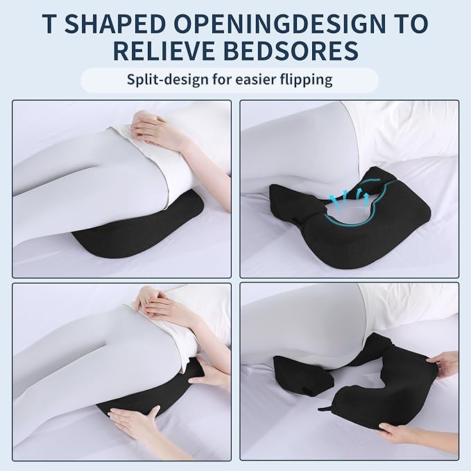 BALAPET Memory Foam Bed Sore Cushions for Butt, Ergonomic Bedsore Pressure Relief Pillow for Sleeping and Sitting, Removable T Shaped Opening Tailbone Cushion for Bed Sores on Buttocks(Black)
