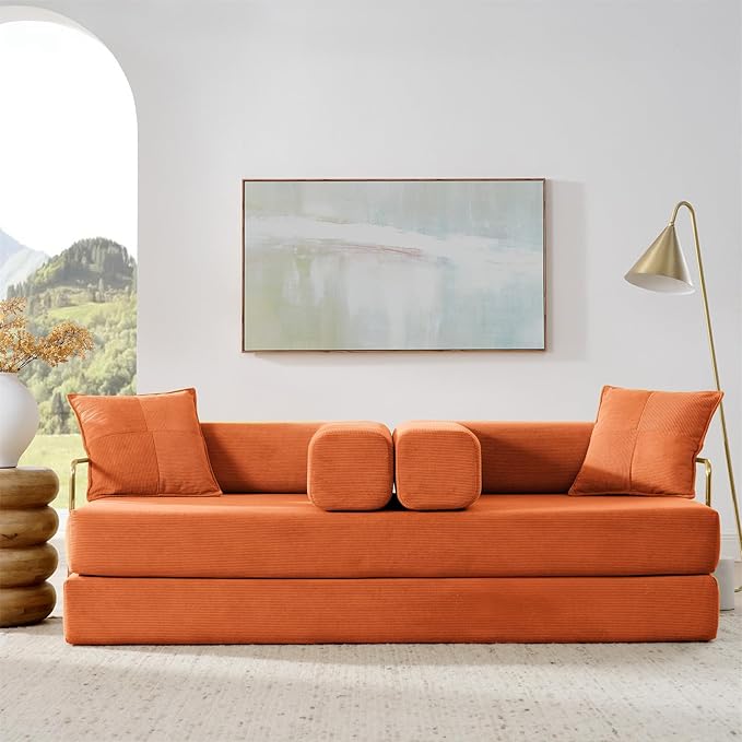 Antetek Convertible Futon Sofa Bed, 3-Seater Modern Corduroy Foam Floor King Size Bed Fold Out Sleeper Lounge Loveseat Sofa Couch with 2 Throw Pillows for Living Room Bedroom Guest Room, Orange