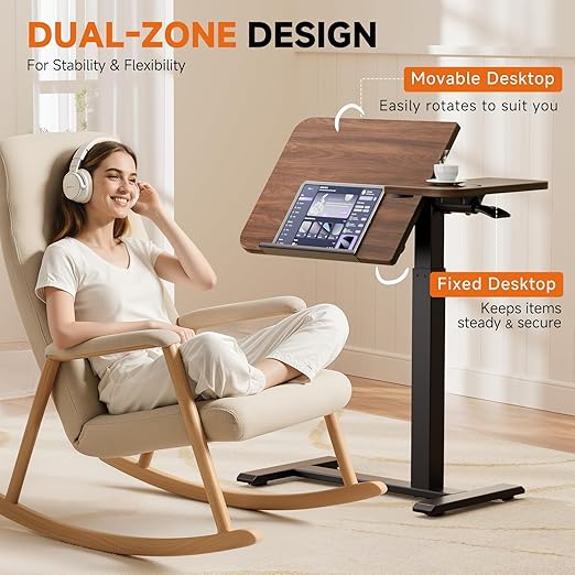 GTRACING Overbed Bedside Table with Wheels,Tiltable Hospital Bed Table Over The Bed, Pneumatic Adjustable Rolling Laptop Desk, Mobile Standing Desk for Hospital and Home Use (Walnut)