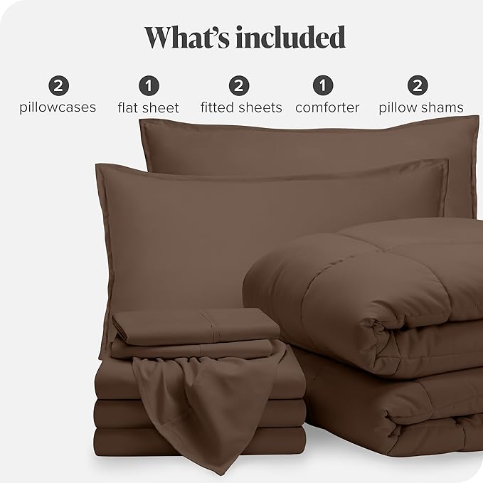 Bare Home Bed-in-A-Bag 8 Piece Comforter & Sheet Set - Split King - Goose Down Alternative - Ultra-Soft 1800 Premium Bed Set (Split King, Cocoa/Cocoa)