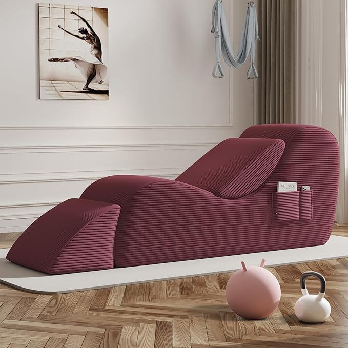 Yoga Chair, Lounge Chair for Yoga with Side Pocket&Lumbar Pillow&Ottoman, for Stretching, Relaxation(Red)