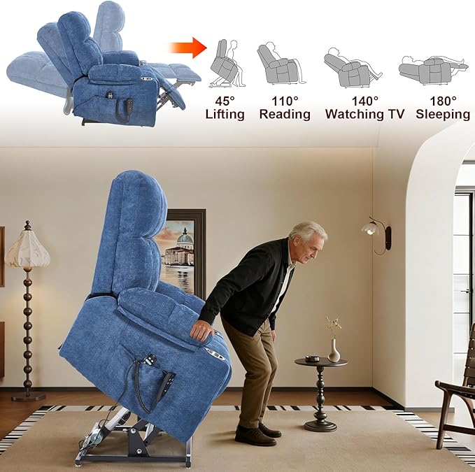 Oversized Recliner Electric Lift Chair, Power Lift Recliner for Big and Tall, 180° Lay-Flat and Assisted Standing, Extra Large Sofa with 8-Point Massage & Heating, Medium-Soft, Blue