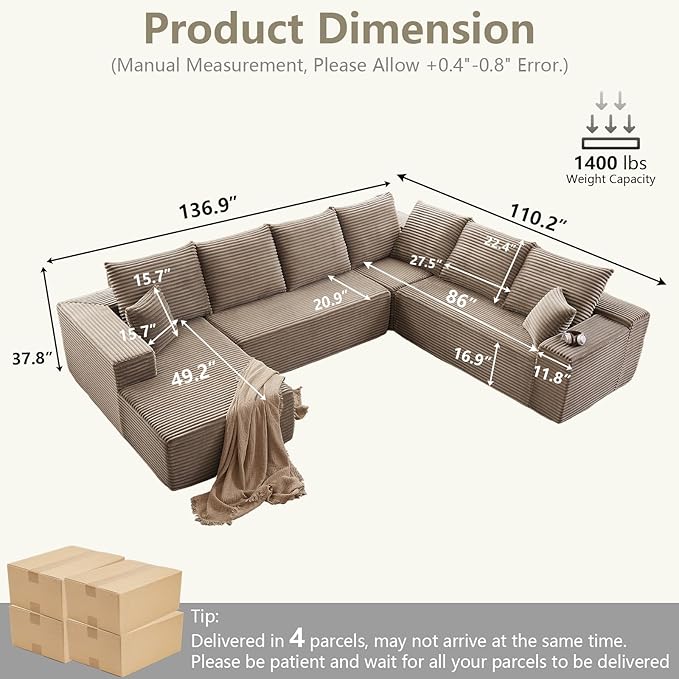 Sectional Cloud Couch with L-Shape Chaise, Upholstered Corduroy Couches Stupendous U Shaped Sofas, Modern Modular Comfy Sofa with Deep Seat for Living Room Bedroom, No Assembly Required, Camel