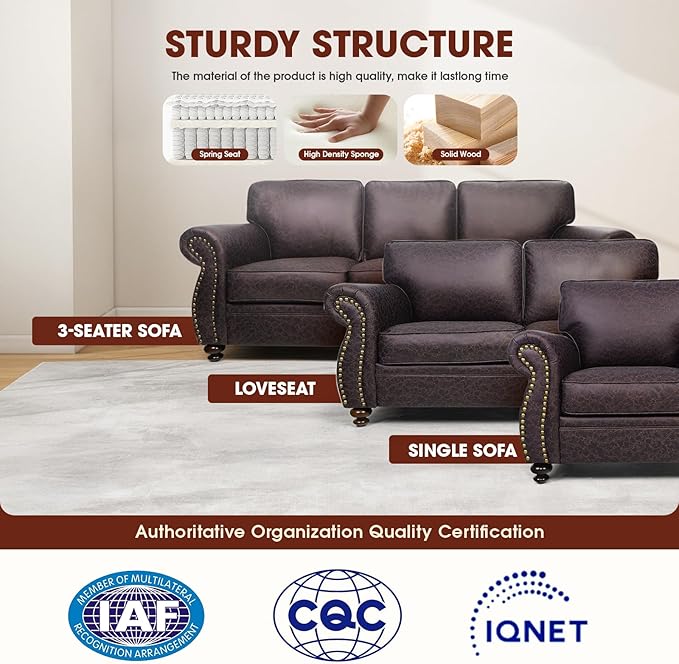 Couchus Living Room Furniture Sets,Sofa Sets and Couch Sets for Living Room,Mid-Century Vintage Sofa Couches with Rivet Design (Brown, Single+Loveseat+3 Seater)