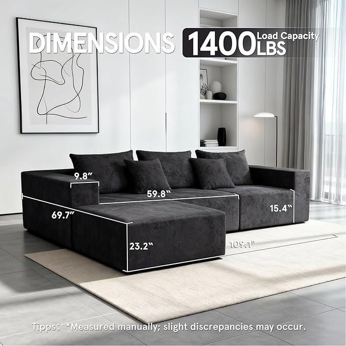 Sytopia 109" L-Shaped Cloud Couch, Boneless Modular Sectional Sofa with Deep Seat for Living Room Bedroom, Modern Floor Couch Chenille, Comfy Sleeper Futon Sofa Bed 40D Foam Furniture, Left Facing