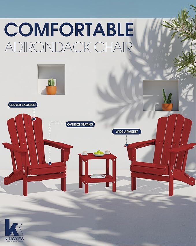 KINGYES Folding Adirondack Chair Set of 8, HDPE Adirondack Chair for Adult, Red