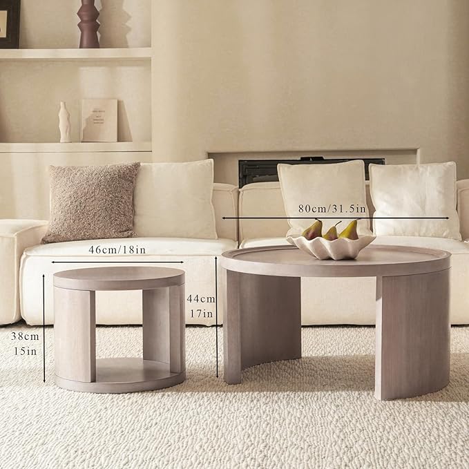 FAME HOME Round Nesting Coffee Table Set of 2,31.5" Large & 18" Small Low Tables with Wood Look Top,Space-Saving Side Tables for Living Room,Bedroom,Office,Minimalist Center Table Set (Gray, L+S)