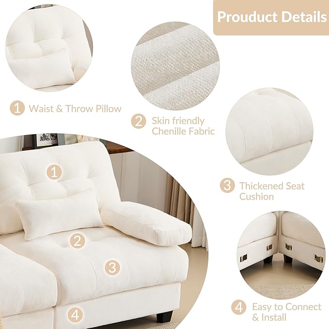GRAINLLE 93'' Modular Sectional Cloud Couch with 1 Ottoman,Deep Seat Sleeper Sofa L Shaped Sectional Couch,Convertible Upholstered Comfy Chenille Sectional Sofa for Living Room,Bedroom(Ivory)