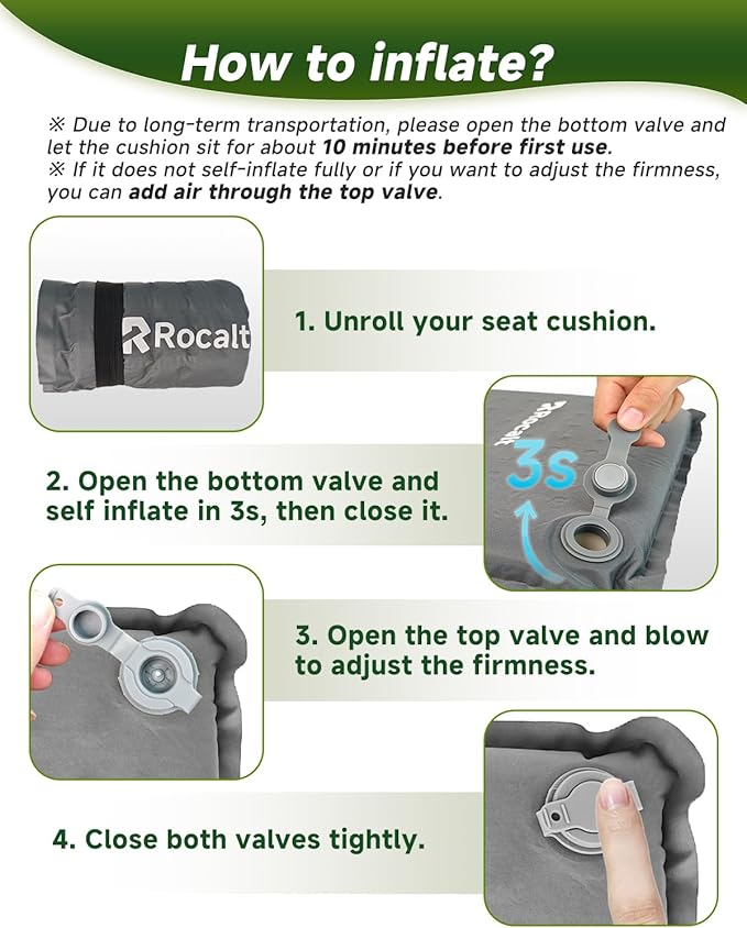 Rocalt Portable Seat Cushion and 2-in-1 Foldable Stool with Carry Bag, Self-Inflating Travel Cushion for Camping, Stadiums, Beach, Hiking | Lightweight, Waterproof, Durable Outdoor Seating Set