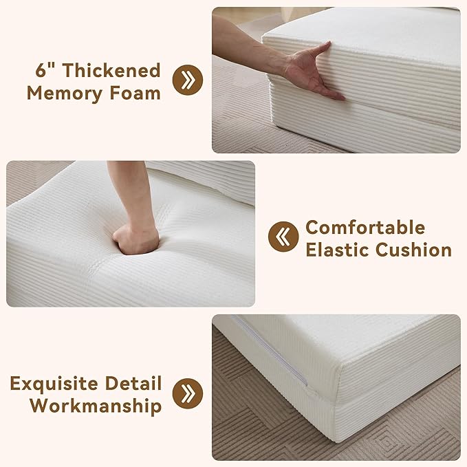 Folding Sofa Bed Convertible Floor Couch Foldable Chair Bed with Pillow，Linen Sleeper Chair Futon,Foldable Memory Foam Mattress for Bedroom/Living Room/Dorm/Office (Corduroy White, Standard)