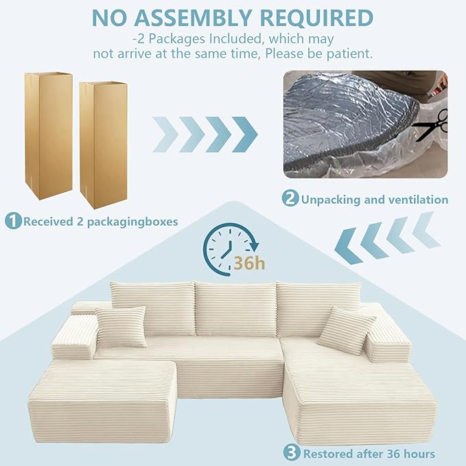 107" W Cloud Sectional Couch with Ottoman,Modern U-Shaped Cloud Couch with Deep Seat,Comfy Corduroy 3-Seater Sofa,Memory Foam Sofa for Living Room,No Assembly (White,Right-Facing Chaise)