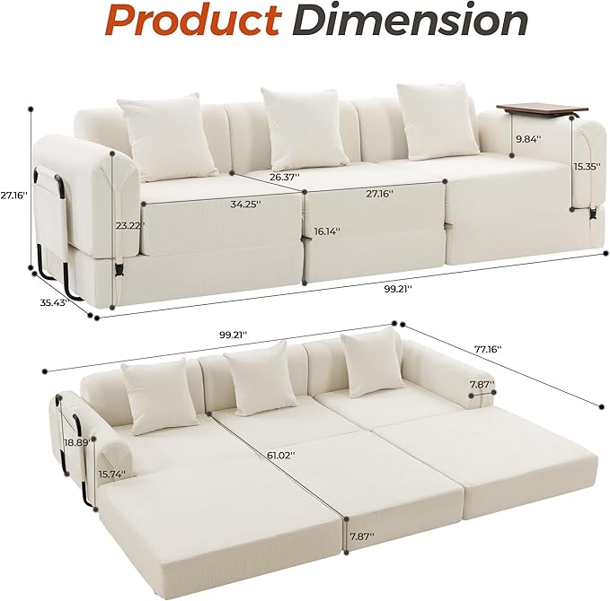 100" Oversized Convertible Sleeper Sofa Bed, Modular Sectional Cloud Sofa with Fixed-Shape Frame & Tabletop, Boneless Couch with Storage Pocket for Living Room, No Assembly Required, Beige