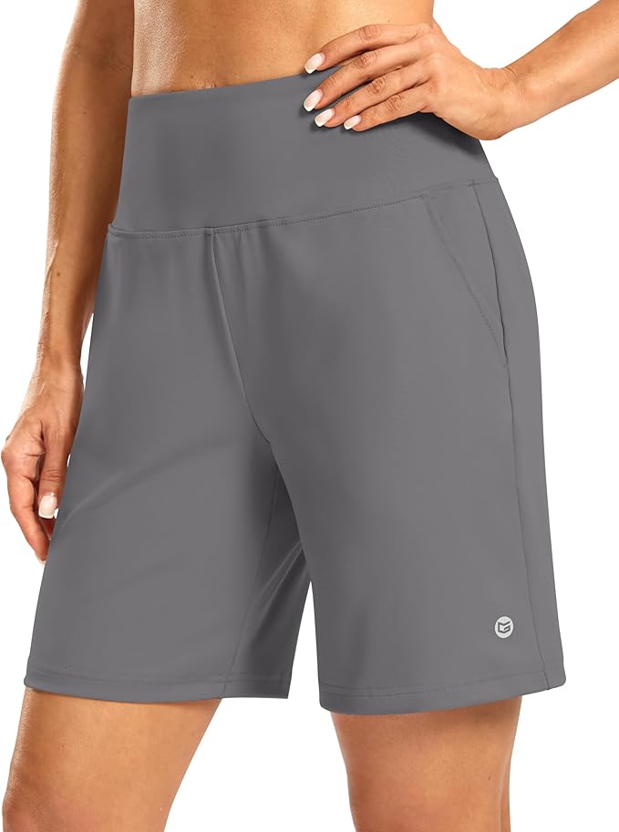 Women's Athletic Shorts with Zipper Pocket 7" High Waisted Stretchy Bermuda Shorts for Women Workout Running Casual