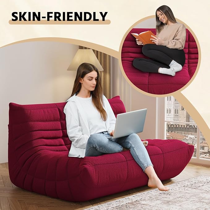 Bean Bag Chair, Fireside Chair, Large Bean Bag Chair for Adults, Bean Bag Chairs for Teens with High-Resilience Foam, Non-Slip Base Floor Lounge Sofa,Living Room (Burgundy, Loveseat)