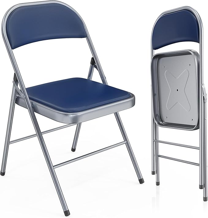 VINGLI 2 Pack Folding Chairs with Padded Seats, Metal Frame with Pu Leather Seat & Back, Capacity 350 lbs, Set of 2, Blue