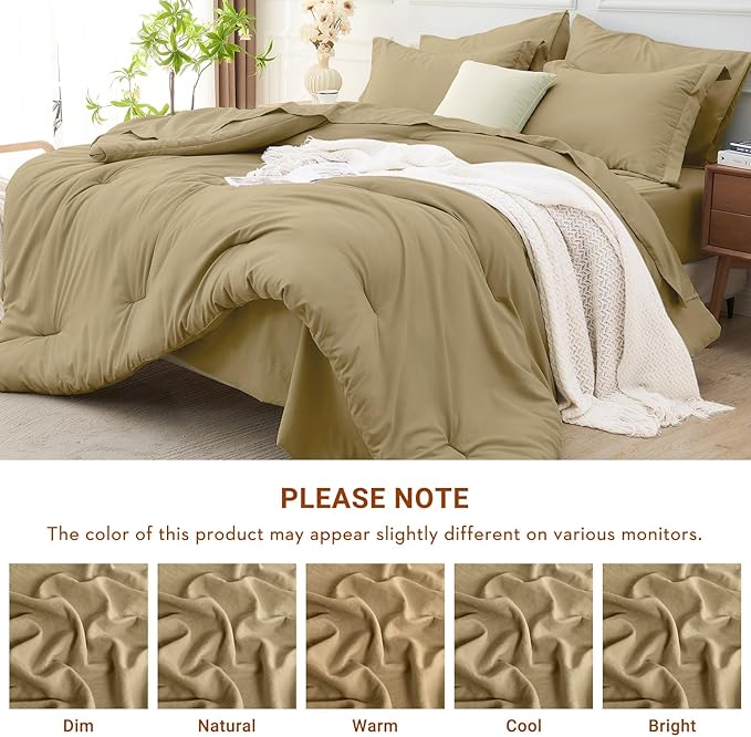 MUXHOMO 7 Pieces Queen Comforter Set, Soft Bed in a Bag Queen Size, All Season Bedding Set with Comforter, Flat Sheet, Fitted Sheet, Pillowcases & Shams, Khaki