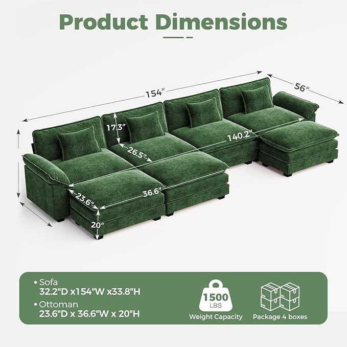 CDCASA 154" Oversized Modular Sectional Sofa, Comfy U-Shaped Cloud Couch w/ 3 Movable Ottomans, 7-Seater Chenille Deep Seat Modern Sofa Couch for Living Room, DIY Combination, Green