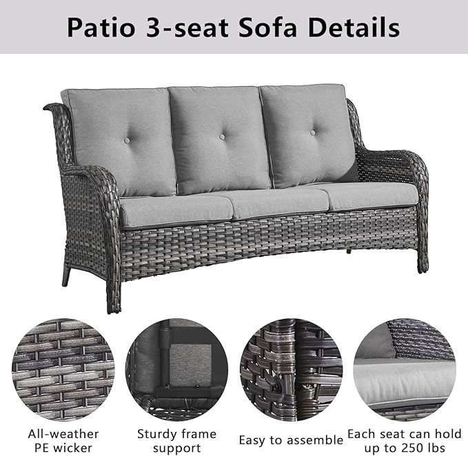 Belord Outdoor Wicker Furniture Patio Set - 7 Piece Backyard Furniture Grey Rattan Conversation Sets with Swivel Rocker Chairs, Rattan Sofa, Club Chairs and Coffee Table, Grey Cushion