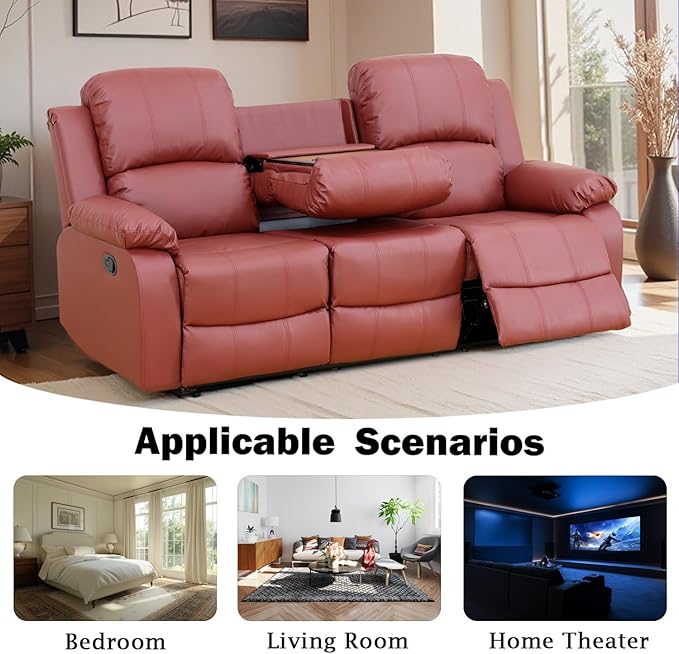 Caberryne Leather Recliner Sofa，Reclining Sofa for Living Room Furniture Sets，Red Wall Hugger Recliner Couch with Cupholder for Living Room/Office/Theater Seating(3 Seater Sofa)