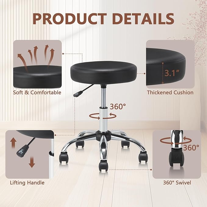 Set of 4 Round Rolling Stool Swivel with Wheels Adjustable Height Heavy Duty Wide Seat Drafting Stool Chair for Office Salon Massage Spa Medical Tattoo Beauty 4 Pack