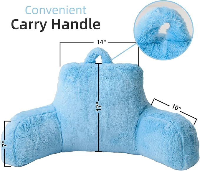 A Nice Night Faux Fur Reading Pillow Bed Wedge Large Adult Children Backrest with Arms Back Support for Sitting Up in Bed/Couch for Bedrest,Babyblue