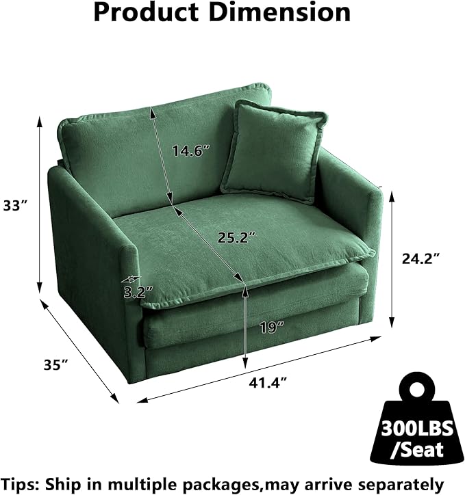 Aoowow Single Deep Seat Sofa Comfy Chenille Couch,Modern Upholstered Accent Armchair with Pillow for Living Room Bedroom Apartment(Green)