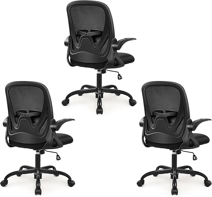 Primy 3-Pack Office Chair Ergonomic Desk Chair with Flip up Armrests Swivel Breathable Desk Mesh Computer Chair with Adjustable Lumbar Support and Height for Conference Room (Black)