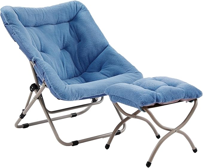 Givjoy Comfy Folded Chair with Ottoman, Oversized Folding Faux Fur Chair Soft Furry Lounge Lazy Chair with Metal Frame Moon Chair Accent Chair for Bedroom, Living Room, Dorm Rooms
