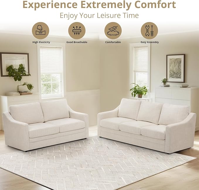 ACMEASE 83 Inches Chenille 3-Seat Sofa w/Comfortable Back Cushions, Modern Sofa w/Deep Seat Space, Upholstered 3 Seater Couch w/High Resiliency Foam for Living Room, Beige