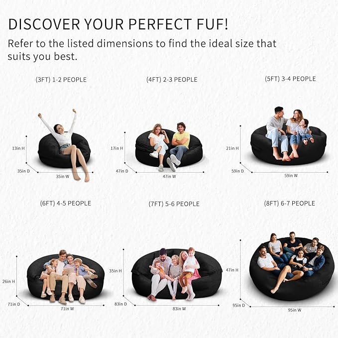 Bean Bag Chair for Adults 6FT,Soft Removable Cover for Teens/Girls Bedroom,Fluffy Giant Round Floor Beanbag Lounger Chairs (No Filler,Black)