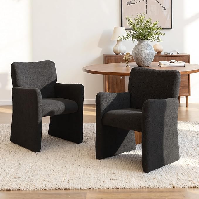 CIMOTA Boucle Dining Chairs Set of 2, Sherpa Upholstered Accent Chairs with Arms/Wood Legs, Comfortable Kitchen Chairs for Living/Reception/Dining Room, Black