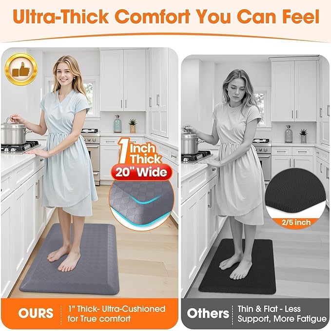 StepRite 1” Thick Kitchen Mats for Floor, Anti Fatigue Kitchen Rugs, Non-Slip,Heavy Duty Waterproof Kitchen Rug, Standing Desk Mat, Gifts for Friends, Family, Home, Kitchen, Office (32" x 20", Grey)