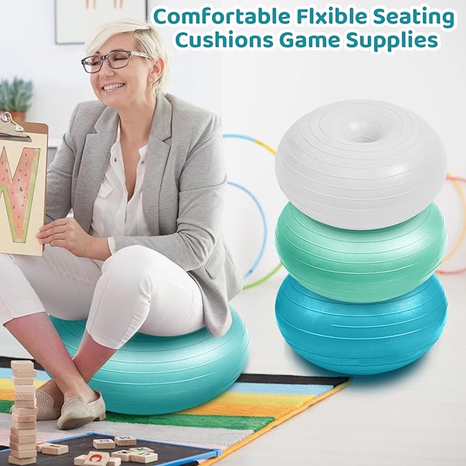 Lewtemi 4 Pcs Flexible Seating for Classroom Elementary 20 Inch Yoga Ball Chair Inflatable Donut Ball Chair with Inflator for Kids Student Sensory Balance Office Exercise