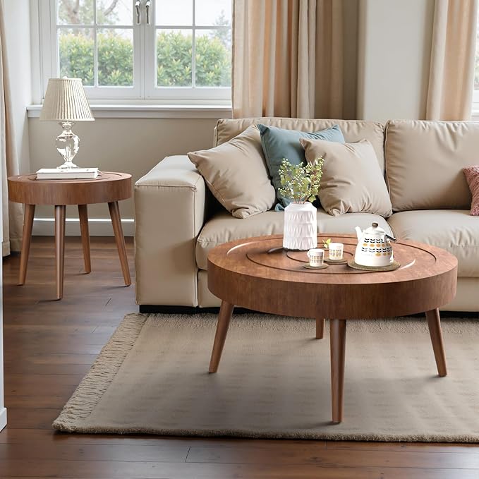 SUNBURY Round Coffee Table, Nesting Tables with Concentric Circle Pattern, Mid Century Modern Coffee Table Set for Living Room Bedroom, 31.5"x16" and 21.8"x20"