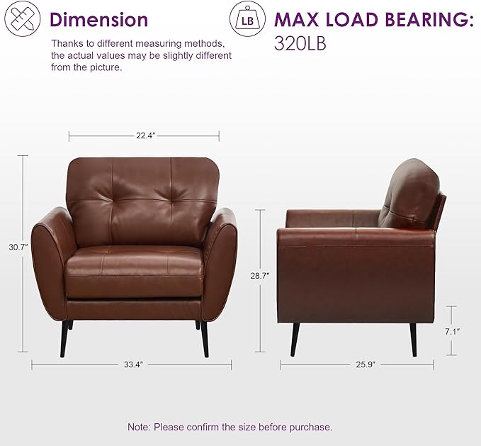 TYBOATLE Accent Chairs Set of 2, Comfy Modern Living Room Brown Leather Reading Accent Chairs Tufted Mid Century Arm Chair Small Salon Chair for Office Bedroom (2, Brown)