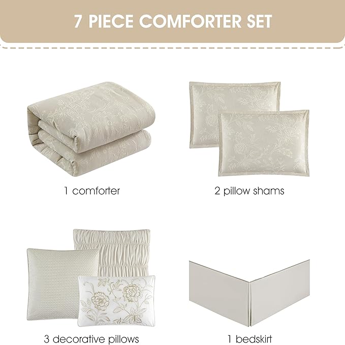 Grand Avenue Beige Cotton Blend Comforter Set, Elegant 7 Piece, Floral Jacquard California King Size Bedding, All Season, Bedskirt, Pillows & Shams, Home Decor