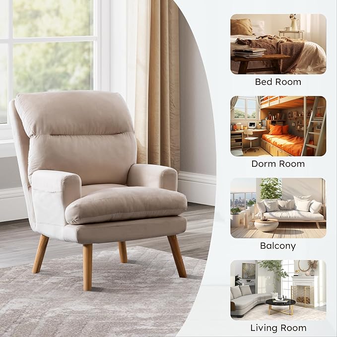 IOMOR Accent Chair with Ottoman Comfy Reading Chair Armchair with Adjustable Backrest and Side Pockets Soft Fabric Leisure Sofa for Bedroom, Living Room, Dorm Rooms, Garden, Beige