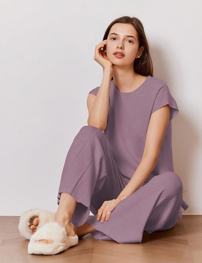 Ekouaer Lounge Sets for Women Two Piece Outfits Knit Cap Sleeve Tops Wide Leg Pleated Pants Casual Dressy Sweater Sets