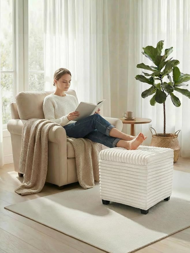 ABHENG 17.7 inches Faux Fur Ottomans Cube with Storage, Metal Framed Vanity Stool Chair Storage Ottoman Foot Rest Stool, Holds 770 LB for Dorm Living Room Bedroom White UASND644W