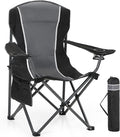 HIGH POINT SPORTS Oversized Camping Folding Outdoor Chair with Armrest, Collapsible Portable Lawn Chair with Cup Holder for Adults Support 350 LBS, Gray-Black