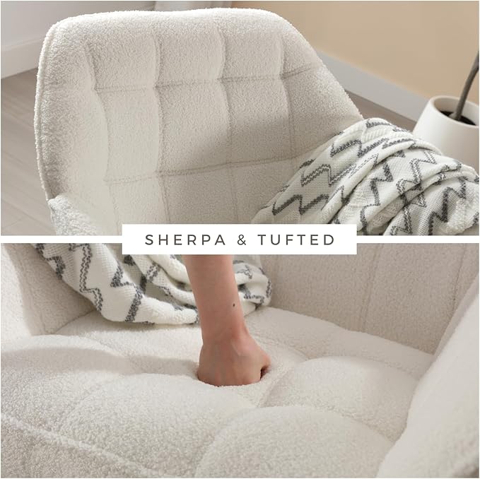 QUINJAY Modern Sherpa Accent Chair with Ottoman Set of 2, Fluffy Upholstered Lounge Chair with Footrest, Comfy Living Room Side Boucle Armchair for Small Space Bedroom, White