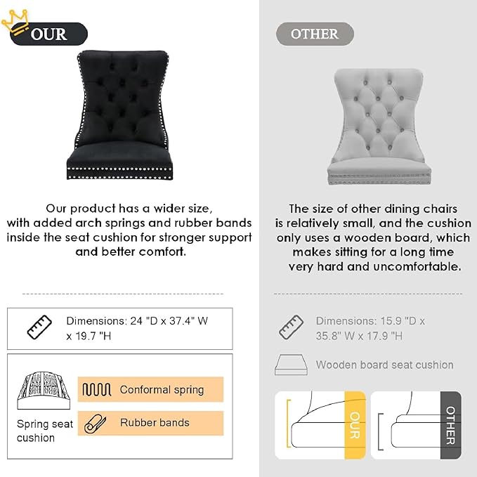Kiztir Velvet Dining Chairs Set of 2, Upholstered Dining Room Chairs with Ring Pull Trim and Button Back, Luxury Tufted Modern Dining Chair for Living Room, Bedroom, Kitchen (Black)