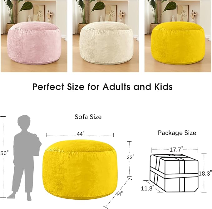 Bean Bag Chairs for Adults - Memory Foam Furniture BeanBag Chair - Kids/Teens Sofa with Soft Micro Fiber Cover - Round Fluffy Couch for Living Room Bedroom College Dorm - 4 ft, Yellow