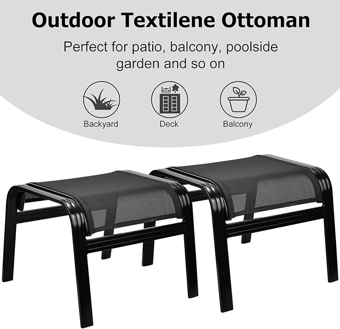 Deguifei Patio Footstools Outdoor Foot Rest Aluminum Patio Ottomans Portable Seat Wicker Furniture Stackable Ottoman 2 Pieces Black