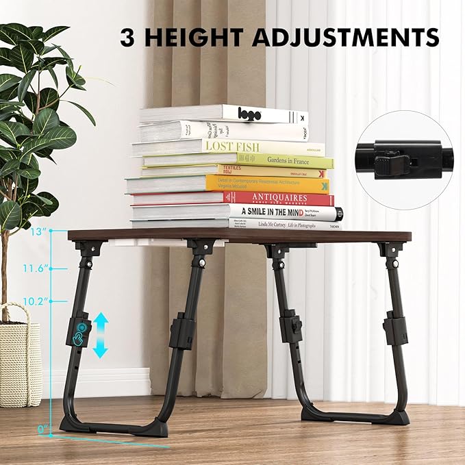 Lap Desk for Bed Adjustable Height, Foldable Bed Table with Storage Drawer, Tablet Slot & Cup Holder, Portable Laptop Stand for Bed & Sofa, Bed Desk for Adults & Kids, Walnut