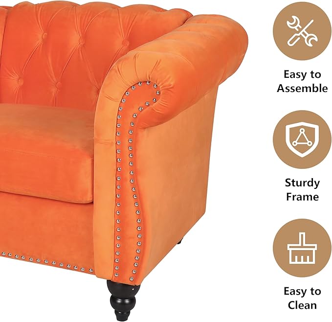 QHITTY Accent Sofa, Chesterfield Loveseat Modern Velvet Couch Upholstered Sofa with Tufted Back for Living Room Furniture (Orange)