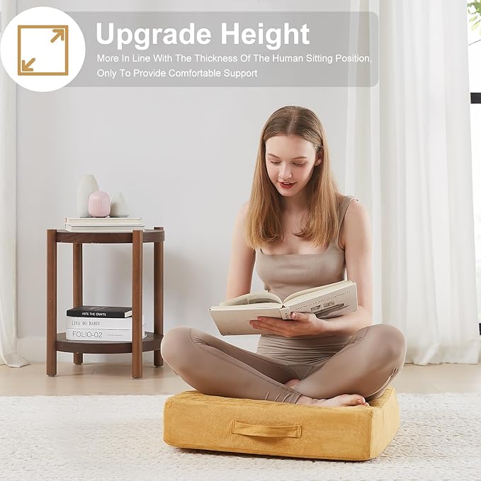 JKMAX 2 Pcs High Density Foam Floor Pillow - Upgraded Large Pillows Seating for Adults - Outdoor Floor Cushion with Soft Tufted Cover - Yoga Pillows for Sitting On Floor - 22 Inch Yellow